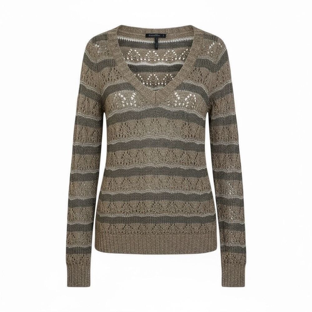 Guess Striped Wool Blend Open Knit Metallic V-Neck Sweater Taupe Gray Size Small